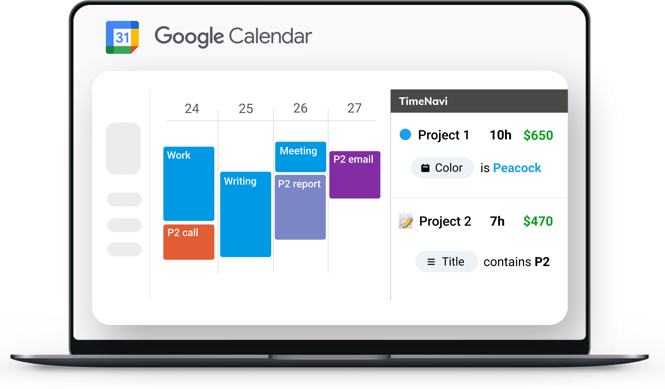Google Calendar with TimeNavi time tracking app.